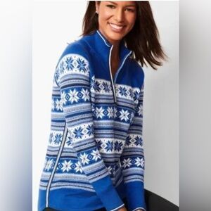 Talbots Blue Fair Isle Nordic Snowflake Quarter Zip Sweater Size LP Chalet Chic